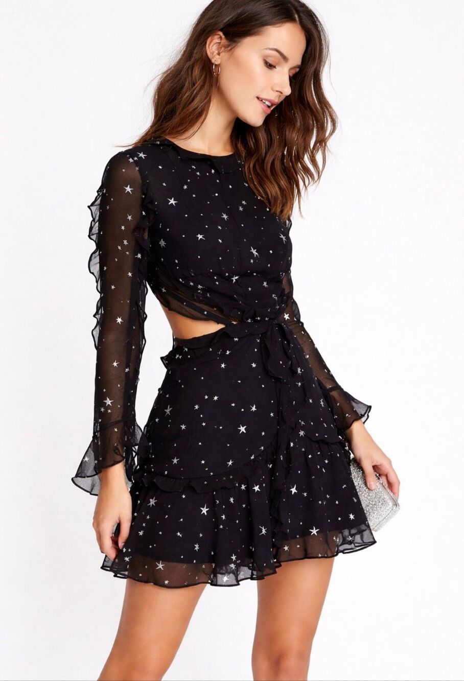 Fame & Partners Kye Star Print Ruffle Open Back Mini Dress Size 2 NWT